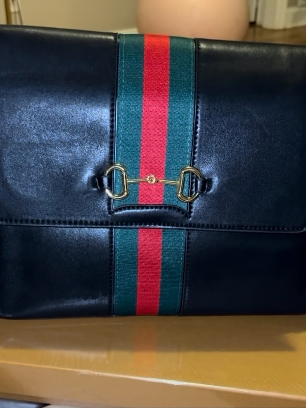 Black Leather Shoulder Bag with Green & Red Center Stripe